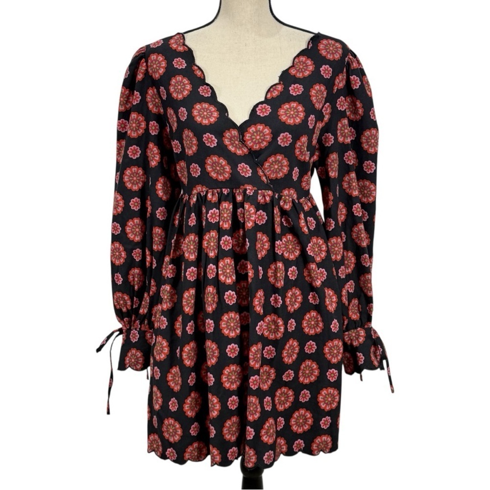 ASOS Design Twill Scallop Babydoll Dress mini in Retro Floral Print size 12